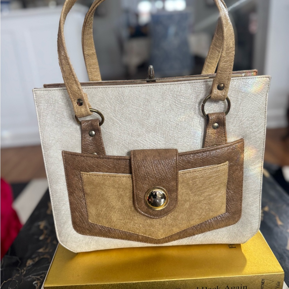 Vintage Tri-Toned Cream and Brown Color Blocked Berné Vinyl Tote Bag